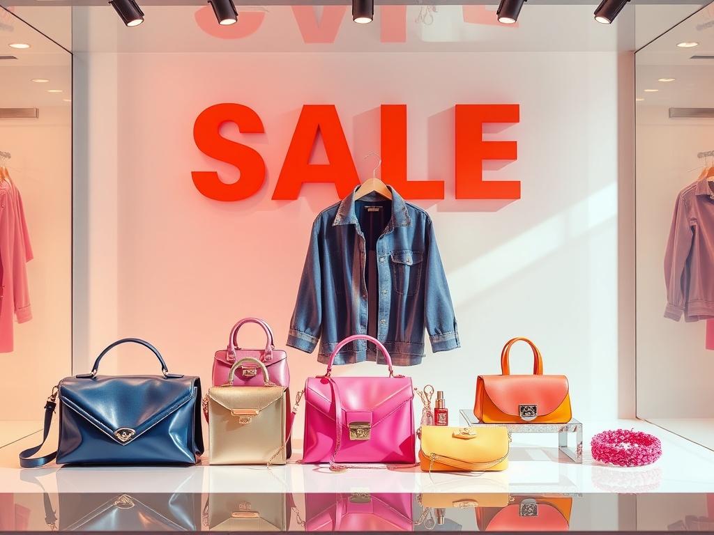 A high-resolution photo showcasing a vibrant sale banner with clothing and accessories displayed elegantly. The items are arranged in a visually appealing manner, highlighting their quality and brand. The background is simple and uncluttered, making the products the focal point. The colors should be bright and inviting, with a glossy finish to enhance the appeal of the items.