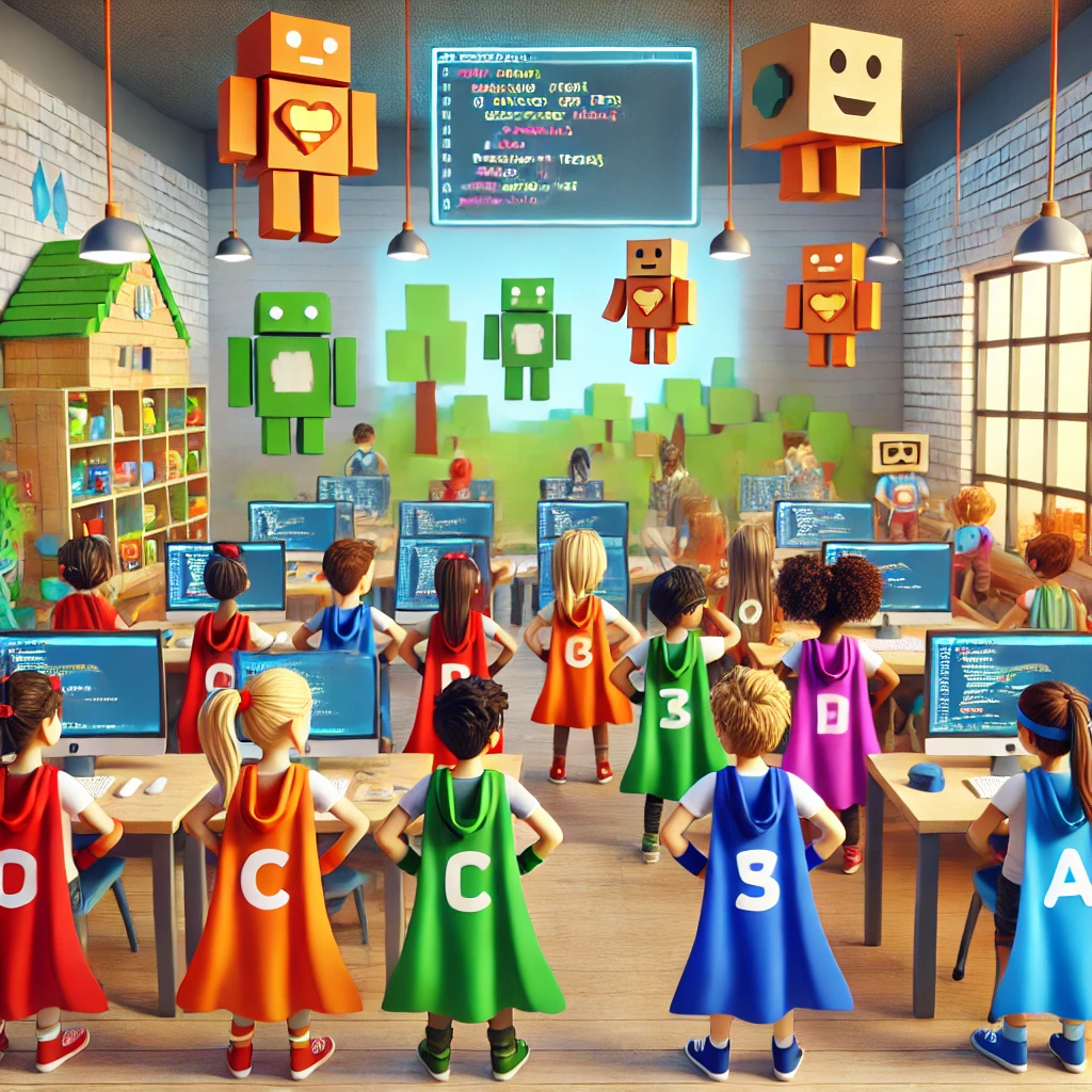 dall·e 2024-12-05 13.49.09 - a vibrant 3d style image for teaching coding to kids, featuring children superheroes of different ethnicities in a classroom environment with a hint o.webp
