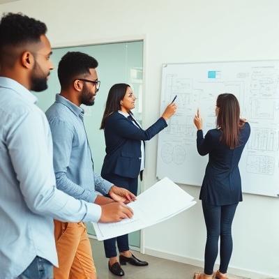 Team designing and whiteboarding together