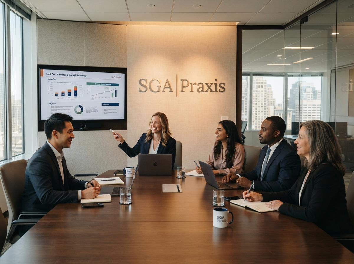 Professional business team in strategic planning meeting with SGA Praxis