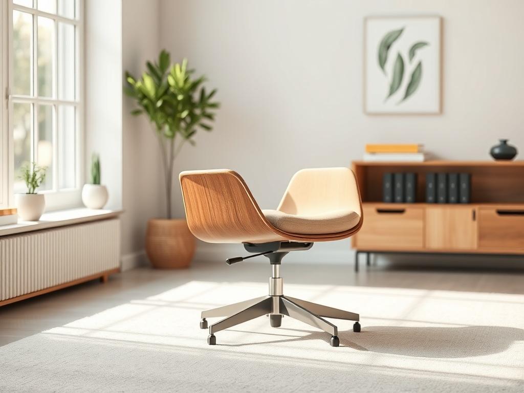 Create a realistic high-resolution photo that captures the essence of ergonomic design in modern chairs. The composition should be simple and clear, featuring a single, elegantly designed ergonomic chair as the focal subject. The chair should showcase clean lines and a harmonious blend of soft, muted tones, enhancing its aesthetic appeal. 

Position the chair centrally in the frame, allowing it to be the standout feature. The background should be minimalistic, featuring a softly blurred interior setting that suggests a bright and airy workspace, possibly with natural light streaming in from a nearby window. This light should enhance the natural materials used in the chair's design, highlighting its sustainable characteristics.

Include textures that evoke a sense of comfort and modern elegance, with the ergonomic features of the chair clearly visible. The overall ambiance should be inviting, reflecting the principles of ergonomic design while emphasizing the chair's role in promoting both style and comfort in contemporary living or working environments.

Ensure that the primary color of the image complements the rgb(50, 170, 39) tone, integrating with the muted palette and creating a cohesive visual experience. Avoid any text, abstract shapes, or additional elements that would distract from the chair, focusing solely on the art of ergonomic design.
