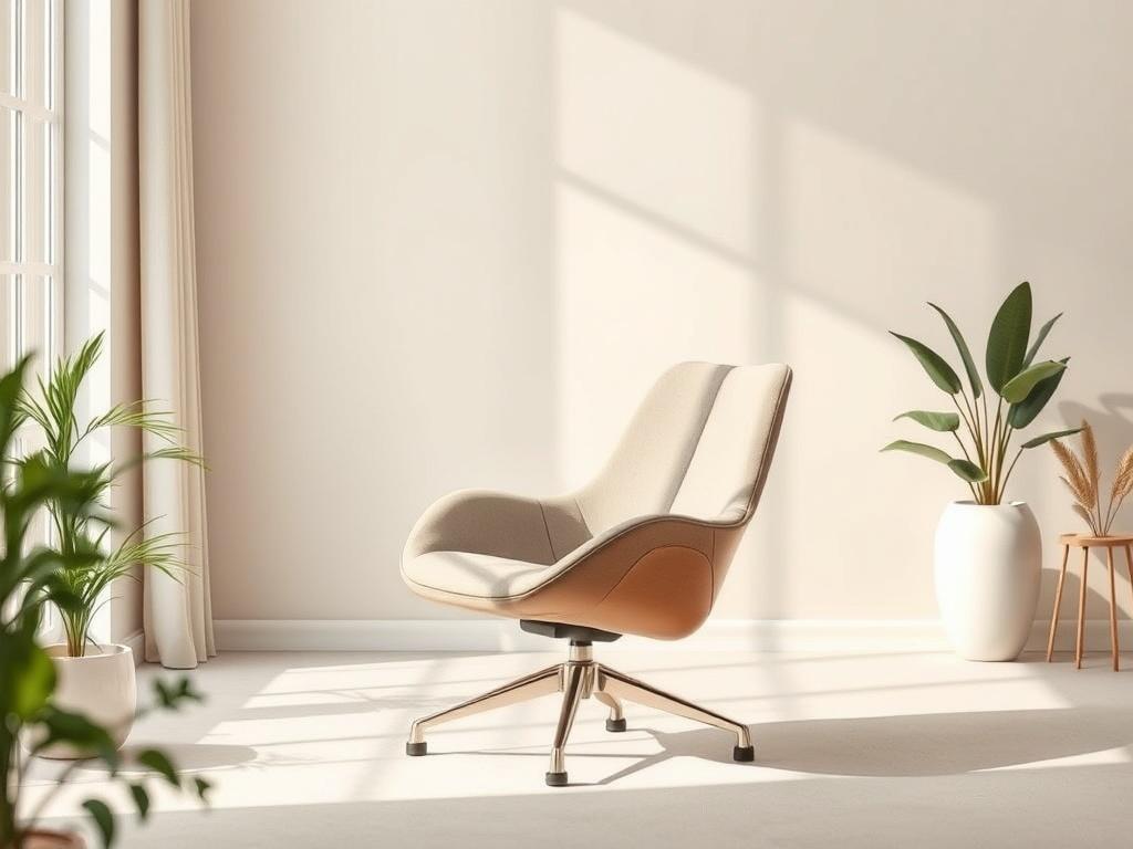 Create a realistic high-resolution photo showcasing a single, elegantly designed ergonomic chair that embodies modern aesthetics and comfort. The composition should be simple and clear, featuring the chair prominently in the center of the image. Use soft, muted tones to create a soothing atmosphere, and ensure natural light highlights the chair's curves and contours. 

The background should be a light, airy environment, such as a cozy home office or a bright living space, adorned with subtle greenery to evo