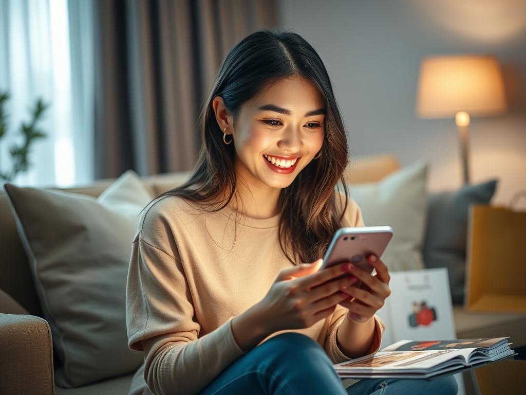 Create a realistic high-resolution photo that captures the essence of online shopping in Vietnam, particularly focusing on the excitement surrounding sales on Shopee, Lazada, and Tiki. The composition should feature a single subject: a young Vietnamese woman eagerly browsing her smartphone, displaying a joyful expression as she discovers incredible sale offers. 

The woman should be sitting comfortably in a cozy, well-lit living room environment that conveys warmth and a sense of home. In the background, th