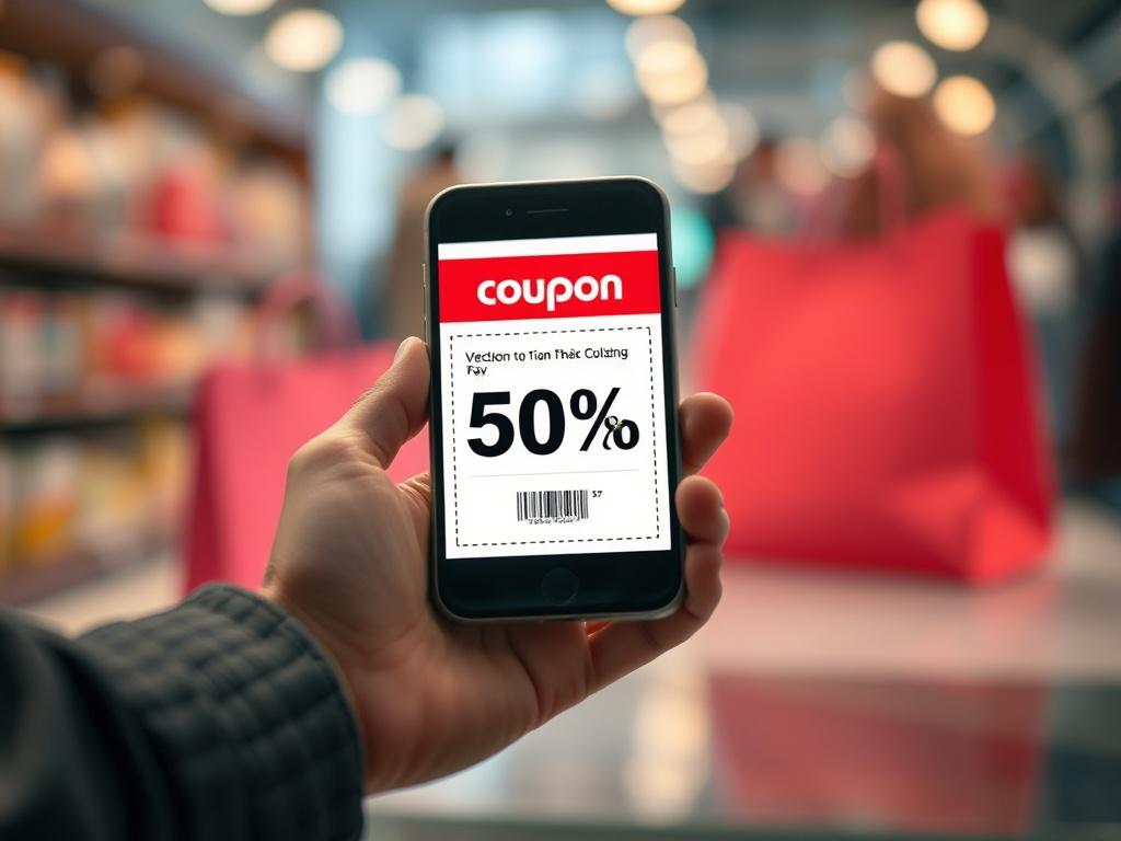 **Prompt for AI Image Generator:**

Create a realistic high-resolution photograph that reflects the theme of the blog titled "Coupon Là Gì? Cách Sử Dụng Coupon Để Mua Hàng Giá Rẻ." The image should feature a close-up shot of a modern smartphone displaying a vibrant digital coupon on its screen. The coupon should be visually striking, showcasing the discount percentage clearly, but without any text or identifiable logos. 

Compositionally, ensure the smartphone is positioned prominently in the foreground, wi