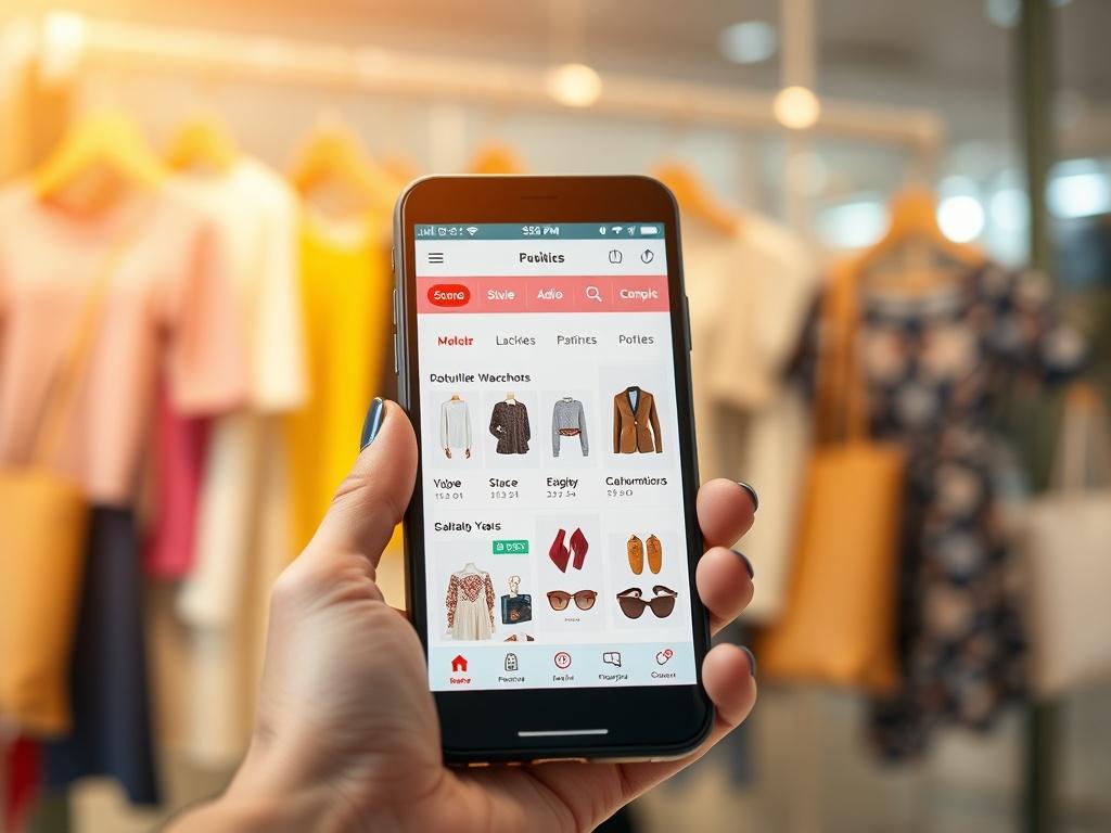 Create a realistic, high-resolution photo that conveys the essence of online shopping and the benefits of using discount codes. The composition should be simple and clear, featuring a close-up shot of a smartphone displaying a shopping app's interface showcasing various products and discount codes. The single subject in the image is the smartphone, positioned prominently in the center with a slight angle to emphasize the screen.

In the background, softly blurred shopping items like clothing, accessories, o