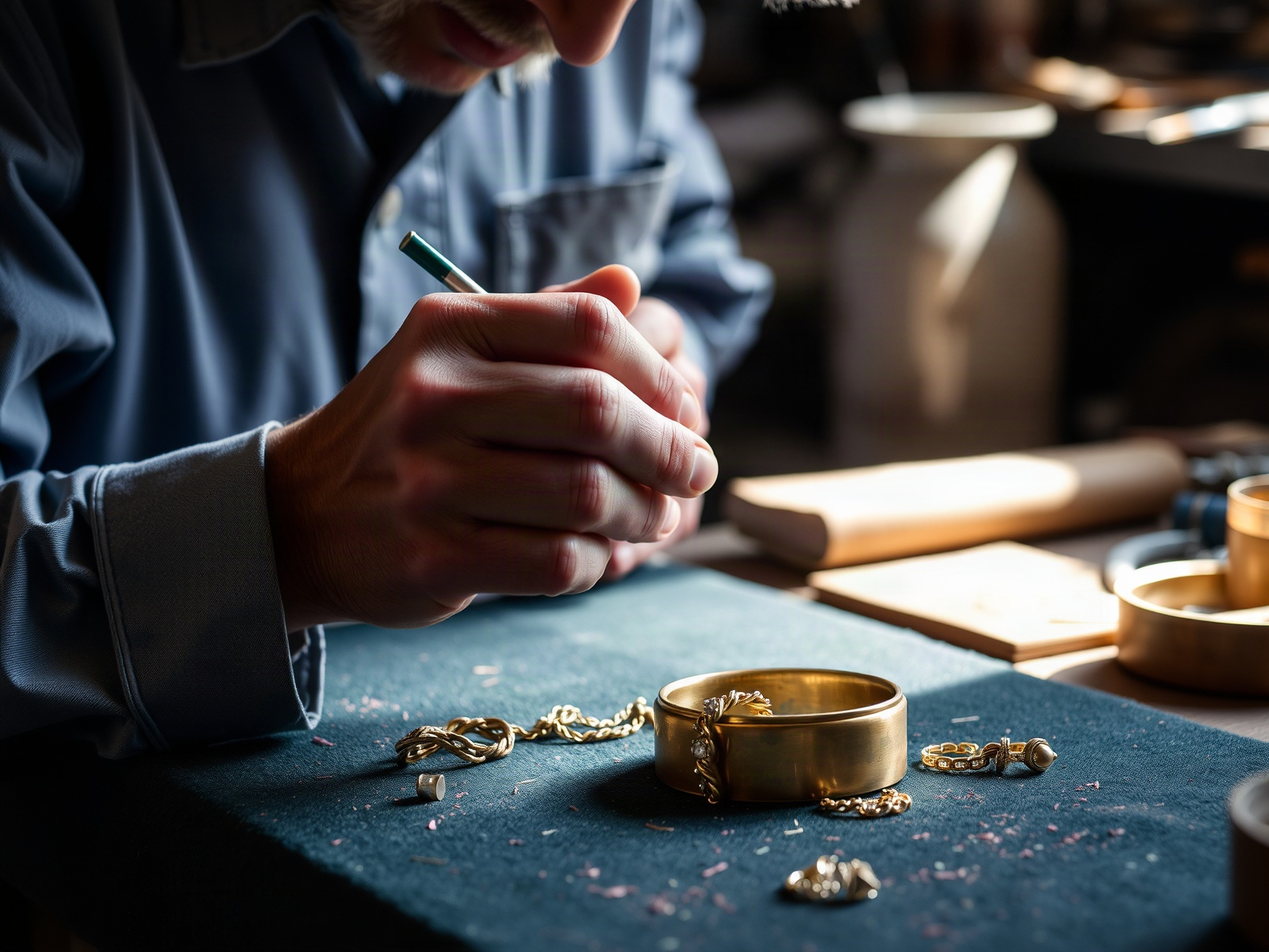 Jewelry artisan's hands working on gold piece