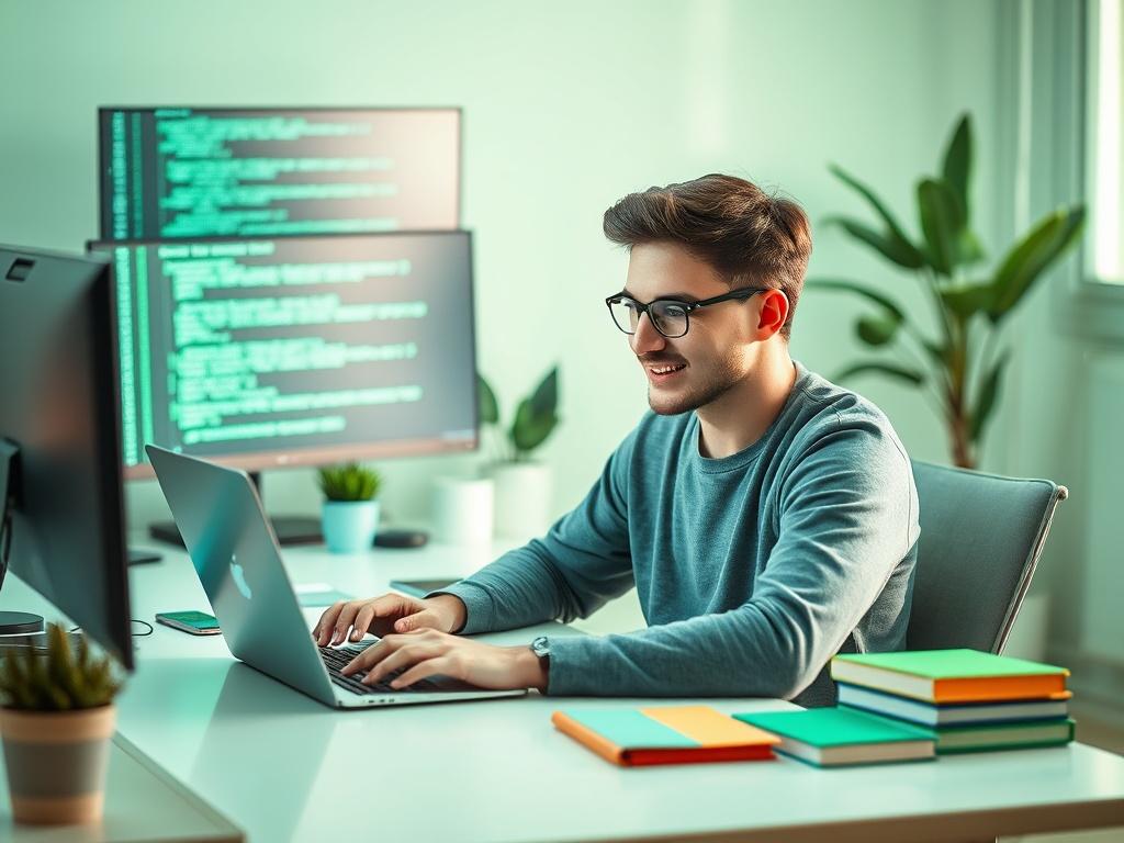 Create a realistic high-resolution photo that illustrates the concept of ethical hacking for beginners. The composition should feature a single subject: a focused young adult (mid-20s) sitting at a modern desk, working intently on a laptop. The individual should have a look of concentration, showcasing determination and curiosity, with a light smile suggestive of enjoyment in the task. 

The background should include a softly lit, cozy workspace with elements such as a potted plant, a digital monitor displa