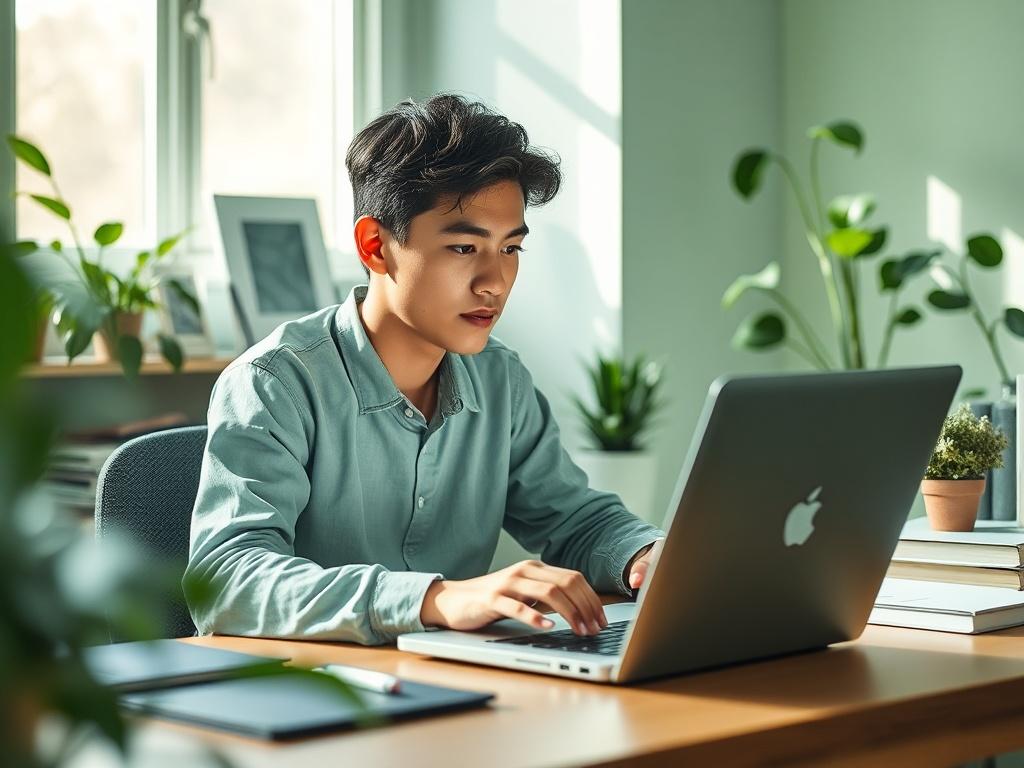A serene workspace with a single person focused on their