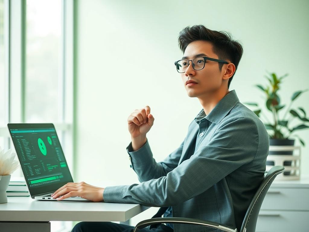 Create a realistic high-resolution photo that visually represents the theme of "The Importance of Cybersecurity Education." The composition should feature a single subject: a focused individual sitting at a modern office desk. This person, a young professional with a thoughtful expression, is wearing casual business attire and is engaged in study or work related to cybersecurity. 

The background should depict a bright and inviting workspace filled with natural light, showcasing elements such as a laptop wi