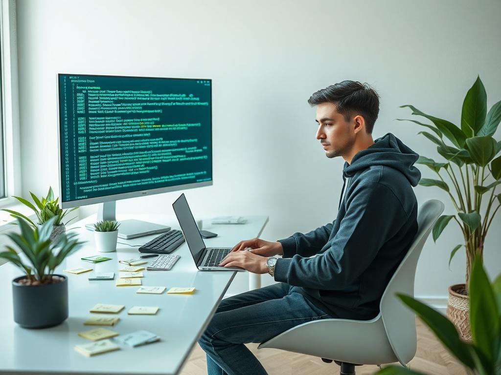 **Prompt for AI Image Generator:**

Create a realistic high-resolution photo that embodies the theme of "Ethical Hacking: Password Cracking." The composition should be simple, featuring a single subject—a professional ethical hacker seated at a modern, sleek desk in a well-lit room, focused intently on their laptop. The ethical hacker, a young adult with a thoughtful expression, should be dressed in casual yet professional attire, such as a dark hoodie and jeans, representing a contemporary tech-savvy indiv