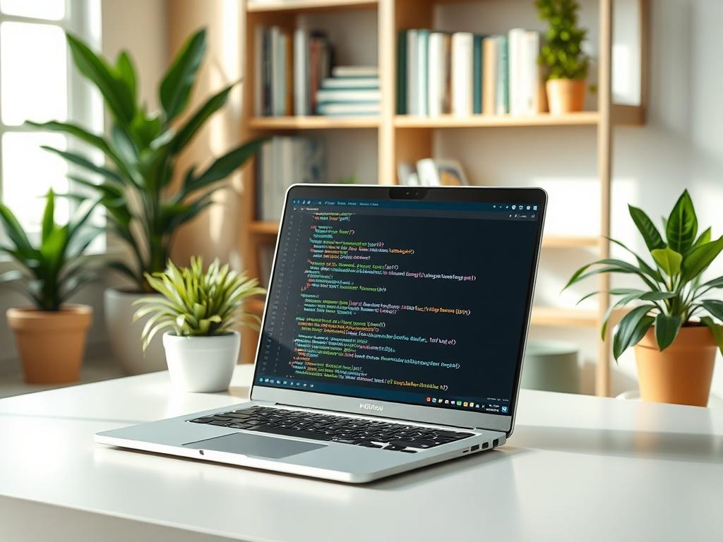 **Image Generation Prompt for AI:**

Create a realistic, high-resolution photo depicting a single, focused subject that represents the theme of "Python Common Errors" for a tech-focused blog. The composition should be simple and clear, featuring a thoughtfully arranged workspace.

**Subject Matter:**
The main subject should be a laptop, opened to display a colorful code editor with Python code on the screen, showcasing lines of code with highlighted syntax errors (for example, an "IndentationError" or "Synt