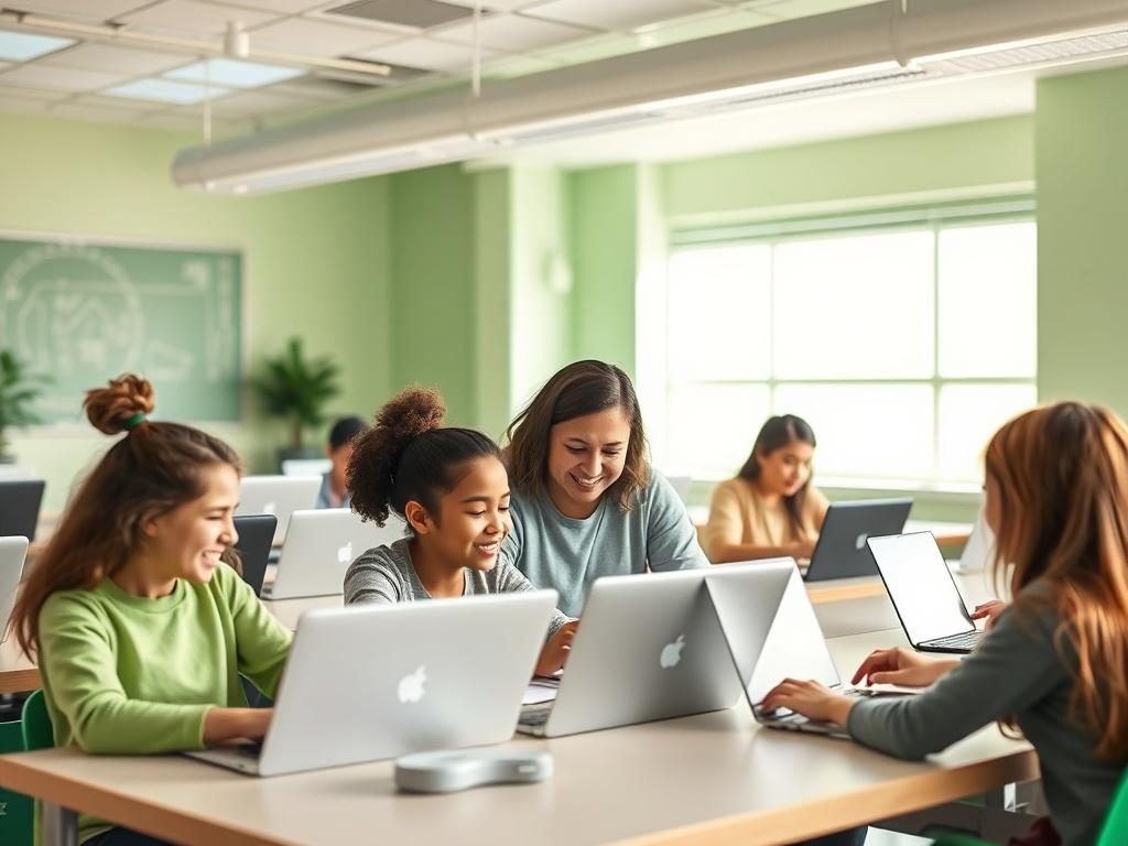 A high-resolution image of a welcoming coding classroom with students working on their laptops. The atmosphere is bright and engaging, with soft green decor and natural light. A friendly instructor is assisting a student, illustrating the supportive learning environment. Students are focused and collaborating, showcasing teamwork and enthusiasm for coding. The image conveys a sense of community and empowerment in learning to code.