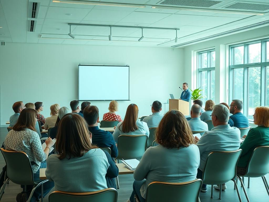 A high-resolution image of a seminar in action, with a speaker presenting to an engaged audience. The setting is a bright room with natural light and a welcoming atmosphere. Attendees are taking notes and participating in discussions, reflecting their interest in scam prevention. The image conveys a sense of community and empowerment as participants learn to protect themselves in the digital landscape.