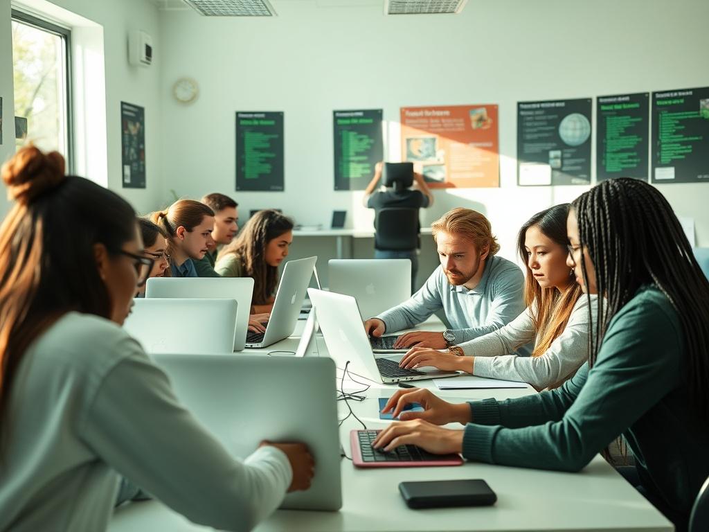 A high-resolution image of a diverse group of people engaged in a hands-on ethical hacking workshop. The setting is a bright, modern classroom with laptops and cybersecurity posters on the walls. Natural light fills the room, creating an inviting atmosphere. Participants are focused on their screens, working collaboratively, with a dedicated instructor guiding them. The image captures the essence of education and teamwork in a cybersecurity context, with soft green tones enhancing the serene and fresh visua