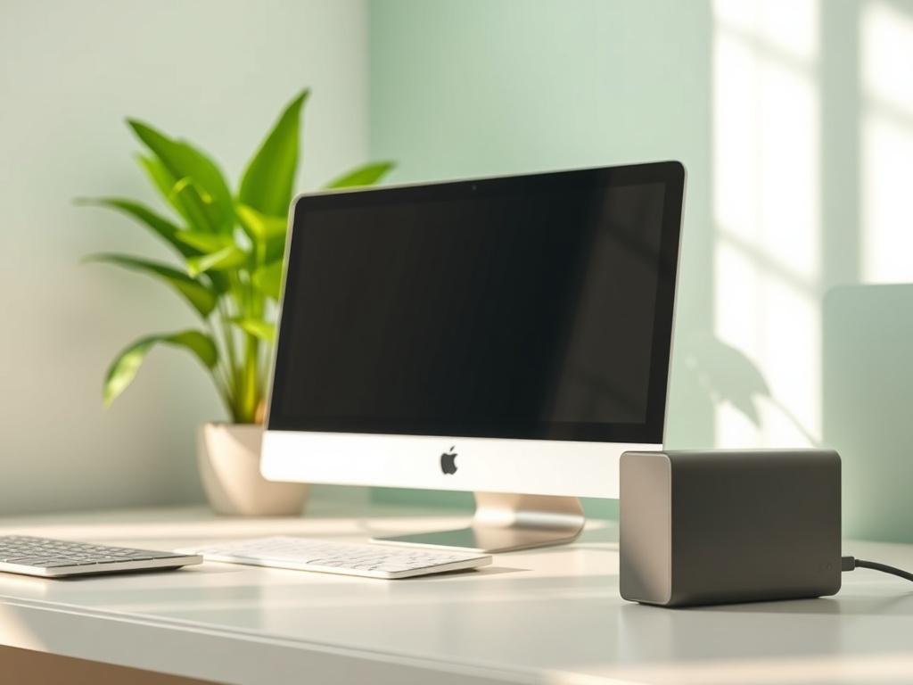 A serene and fresh workspace featuring a computer and an external hard drive on a clean desk. Soft natural lighting illuminates the setup, highlighting the device's sleek design. In the background, a calm green plant adds a touch of nature, promoting a sense of trust and clarity. The overall atmosphere is inviting and organized, reflecting professionalism and technical expertise.