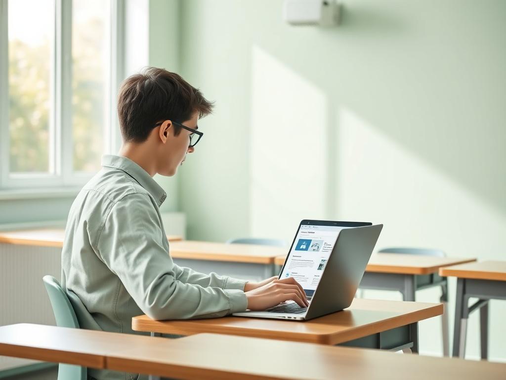 A serene classroom setting with a single person sitting at a desk, engaging with a laptop displaying cybersecurity course materials. The background features soft green tones with natural lighting streaming through a window, creating an inviting and focused atmosphere for learning.