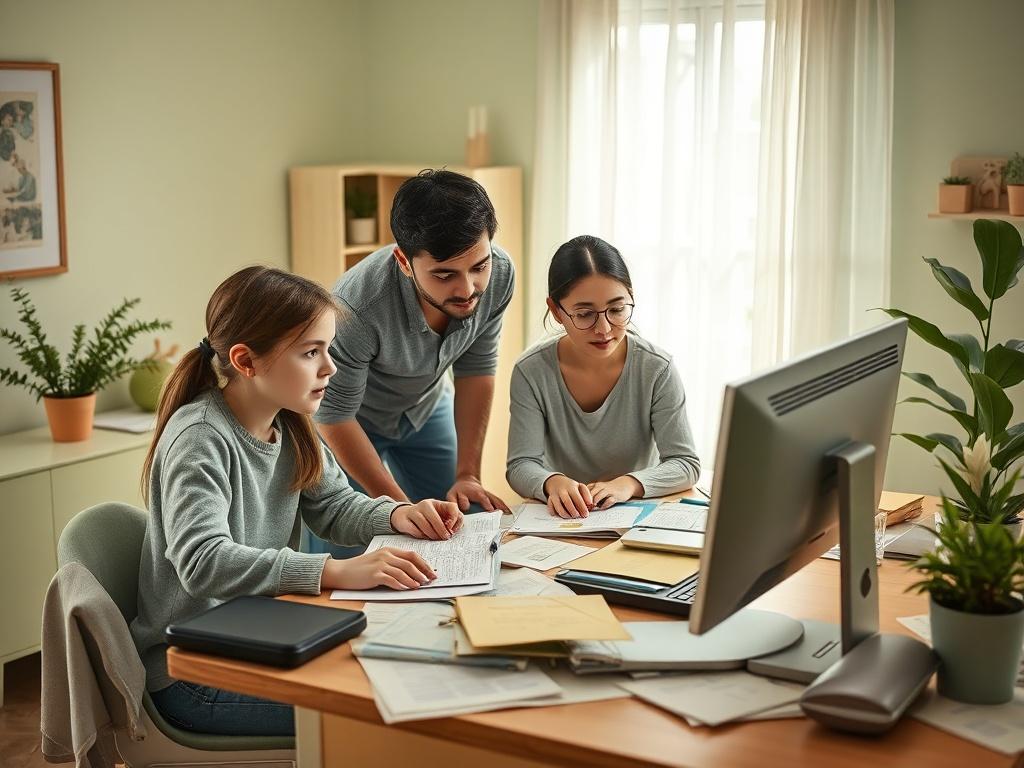 A visually engaging scene depicting a family gathered around a computer, discussing online safety and scam prevention tips. The environment is warm and inviting, with soft green accents. The family displays a mix of expressions from curiosity to concern as they review information together. The desk is cluttered with resources and materials on online security, emphasizing the importance of education in scam prevention.