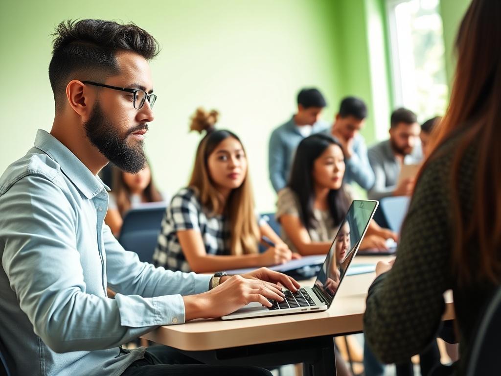 A serene educational setting featuring a diverse group of individuals engaged in a hands-on ethical hacking workshop. The scene captures a bright, inviting classroom with natural light streaming in. In the foreground, a focused student works on a laptop, while others collaborate in small groups, discussing strategies. Soft green tones dominate the background, promoting a calming atmosphere of learning and collaboration.