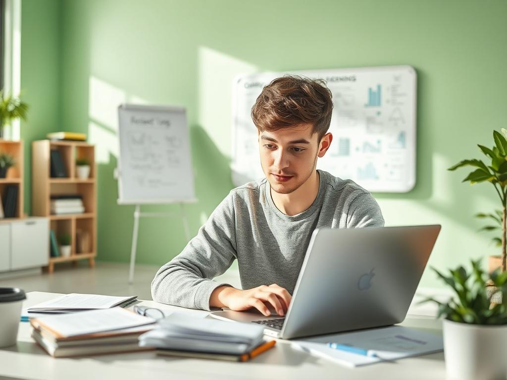 A bright, modern workspace showcasing a student immersed in a coding tutorial. The individual, a young adult with a focused expression, types on a laptop surrounded by notes and coding materials. The background features soft green tones and natural lighting, creating an inviting atmosphere. A whiteboard with programming concepts illustrated can be seen in the distance, emphasizing the educational theme.