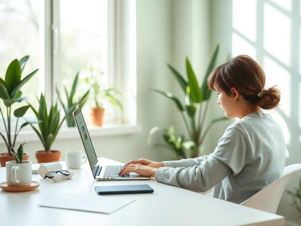 A serene and inviting workspace featuring a person sitting at a desk with a laptop open, focused on typing a message for account recovery. The setting is bright and airy, with soft green tones and natural lighting streaming through a nearby window. The background is unobtrusive, showcasing a few plants and a clean, organized desk that promotes a sense of clarity and trust.