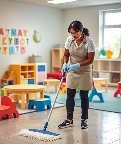Professional team member providing daycare cleaning services