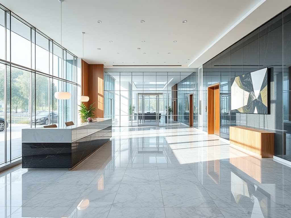 Professional office lobby with polished floors and modern design