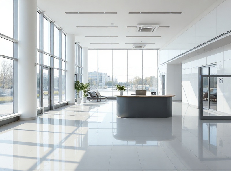 Bright modern office lobby with clean polished floors