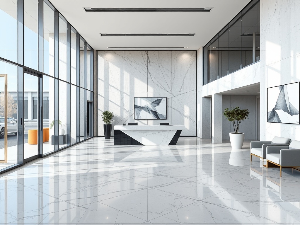 Professional office lobby with polished floors and modern design