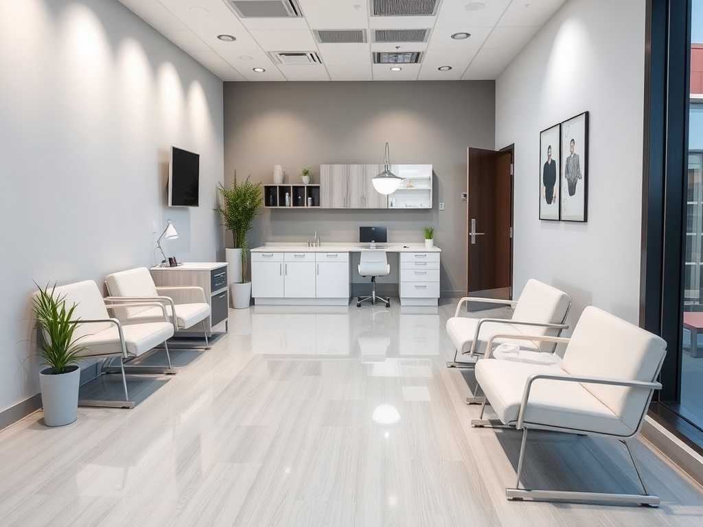 Sanitized medical facility waiting area with clinical standards