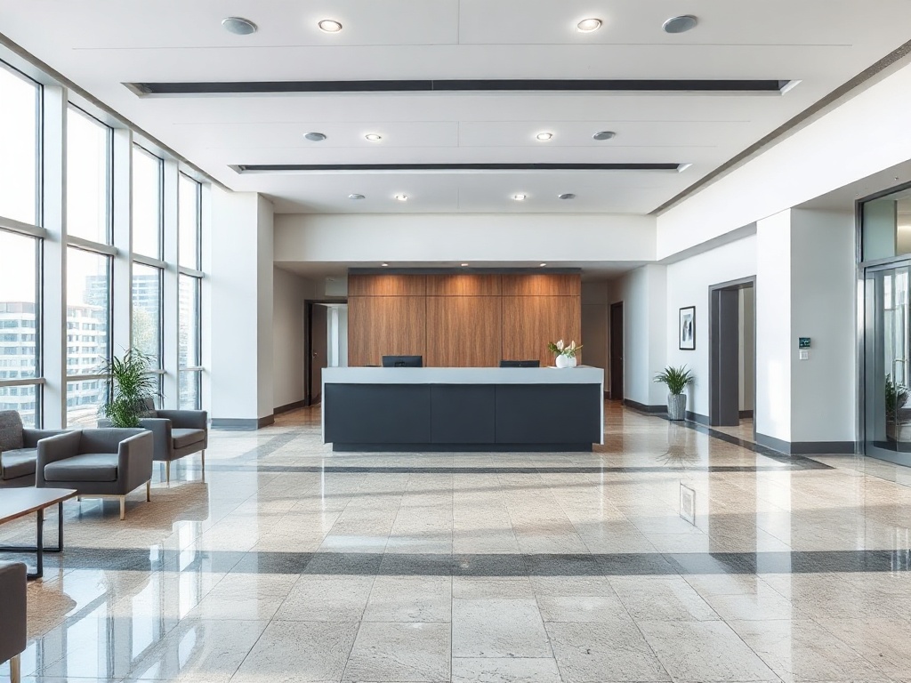 Modern office lobby with polished floors and welcoming entrance