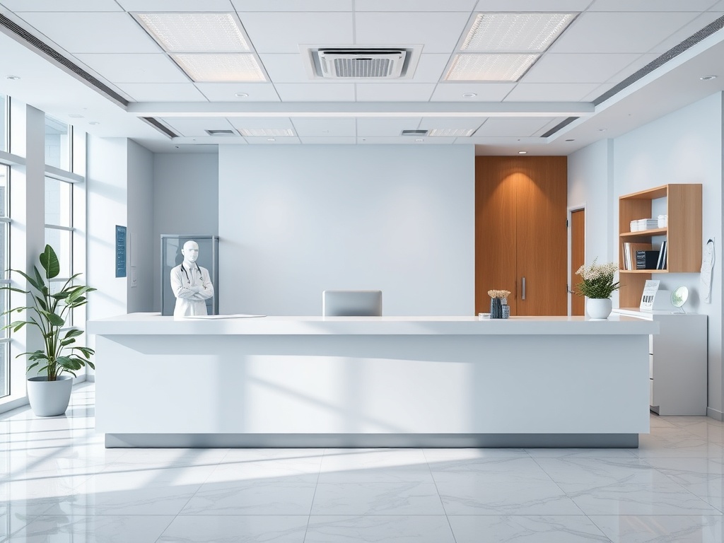 Professional medical office reception area with clean desk and spotless surfaces