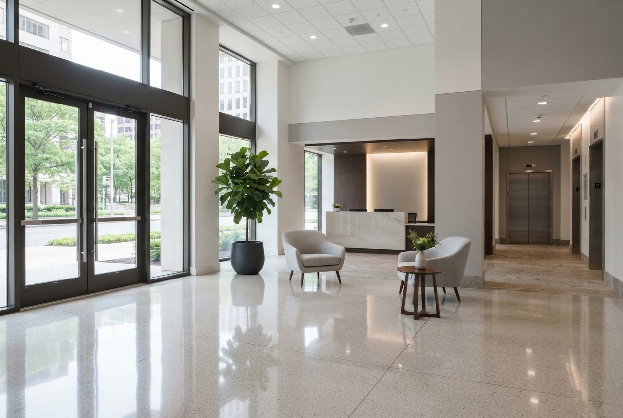 Bright, spotless modern commercial office lobby with polished floors and daylight