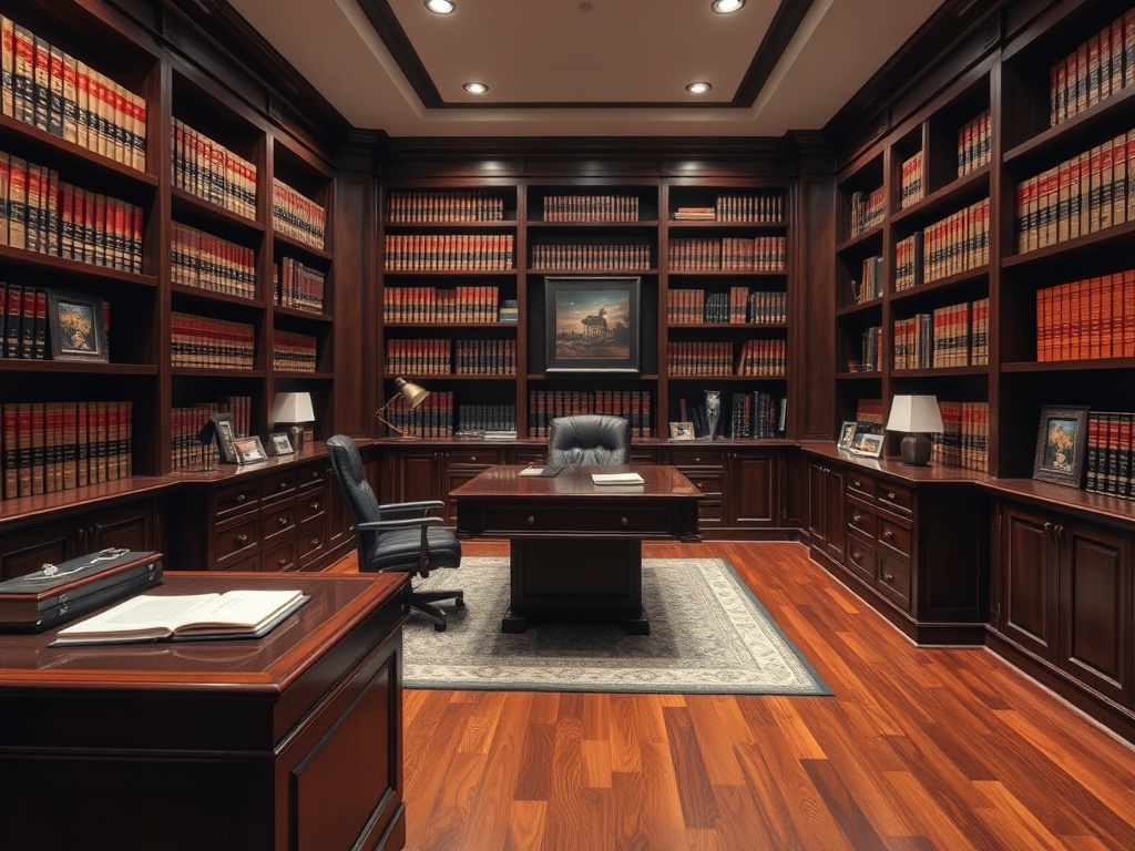 Professional law office with polished hardwood floors and organized shelving