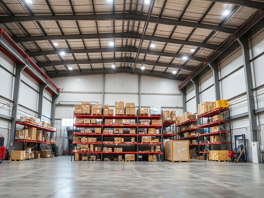 Large warehouse facility with polished floors and organized storage