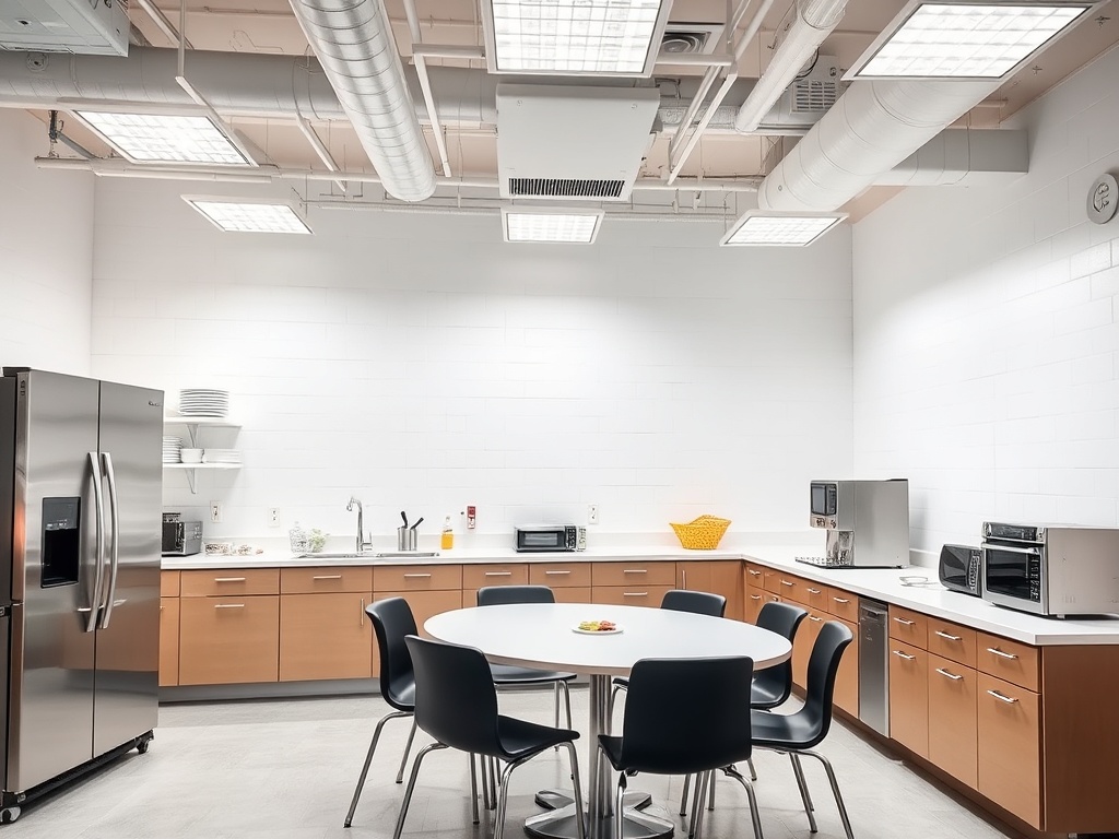 Clean corporate break room with organized kitchen and bright professional environment