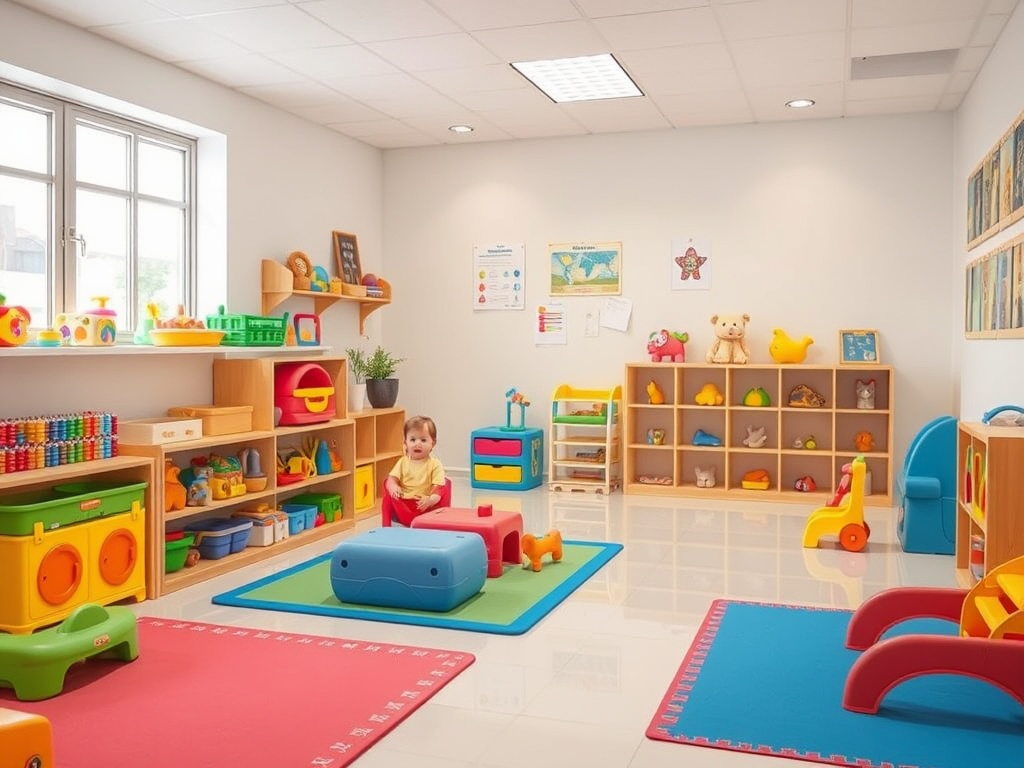 Clean, bright daycare playroom with organized toys and child-safe sanitized environment
