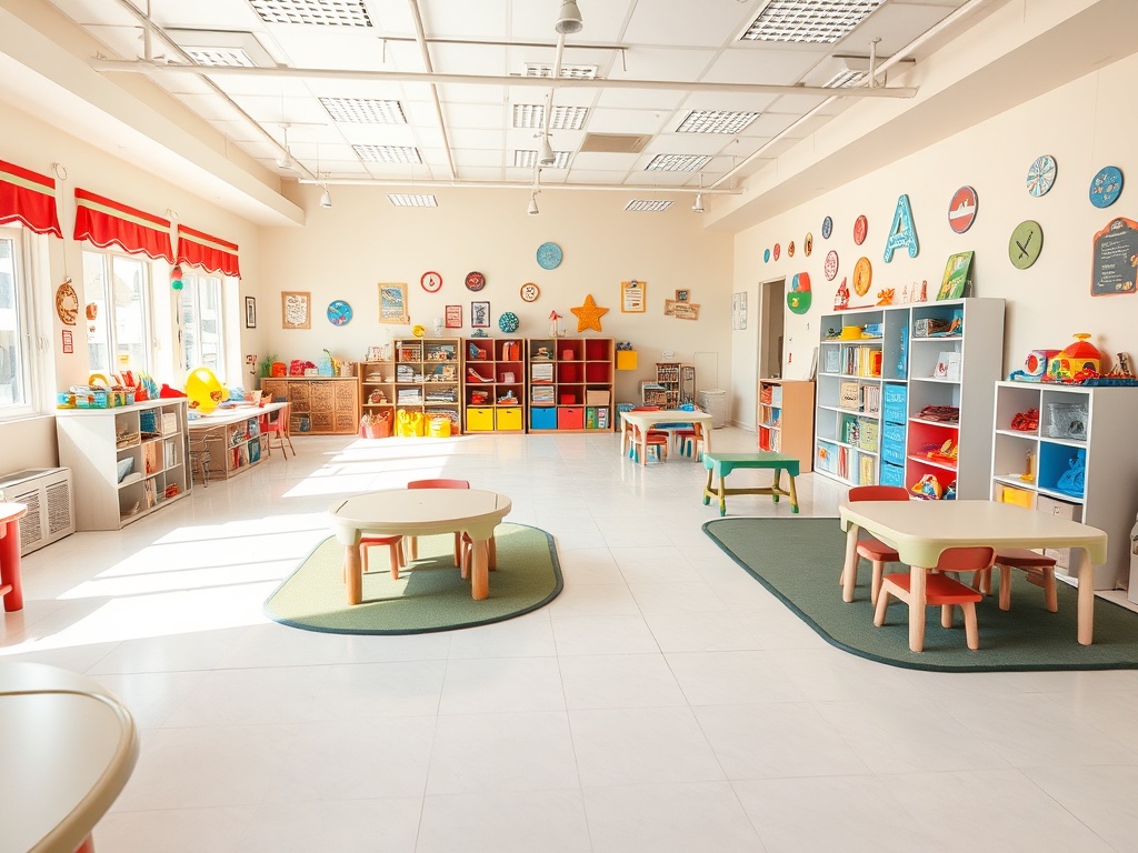 Clean, safe daycare environment with organized play areas and bright, welcoming spaces
