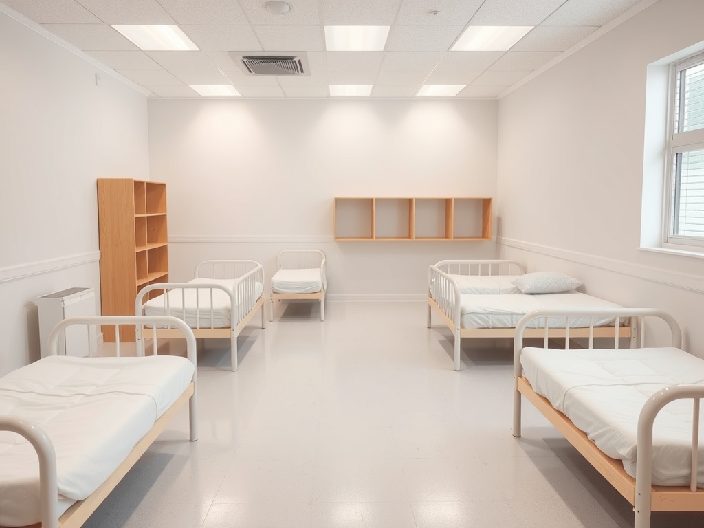 Clean, sanitized daycare nap room with organized cots