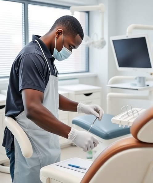Professional cleaning staff sanitizing dental operatory