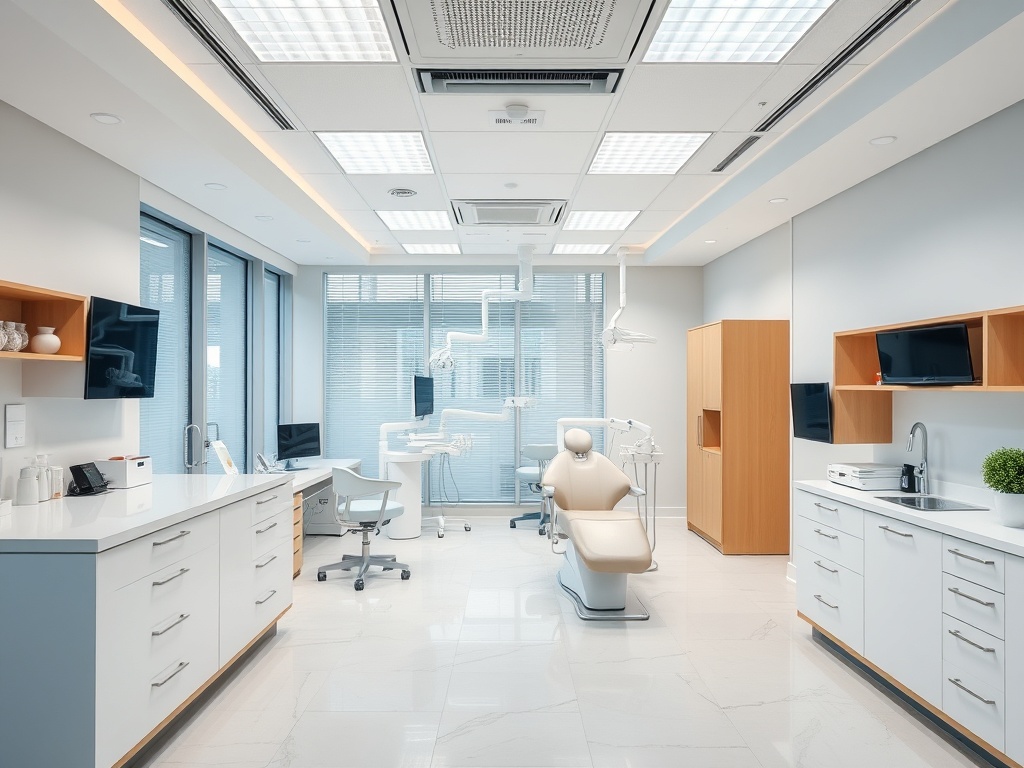 Clean, professional dental office interior with modern equipment and bright reception area