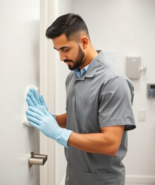 Professional cleaning staff disinfecting dental office surfaces