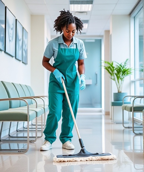 Professional cleaning staff maintaining dental office cleanliness
