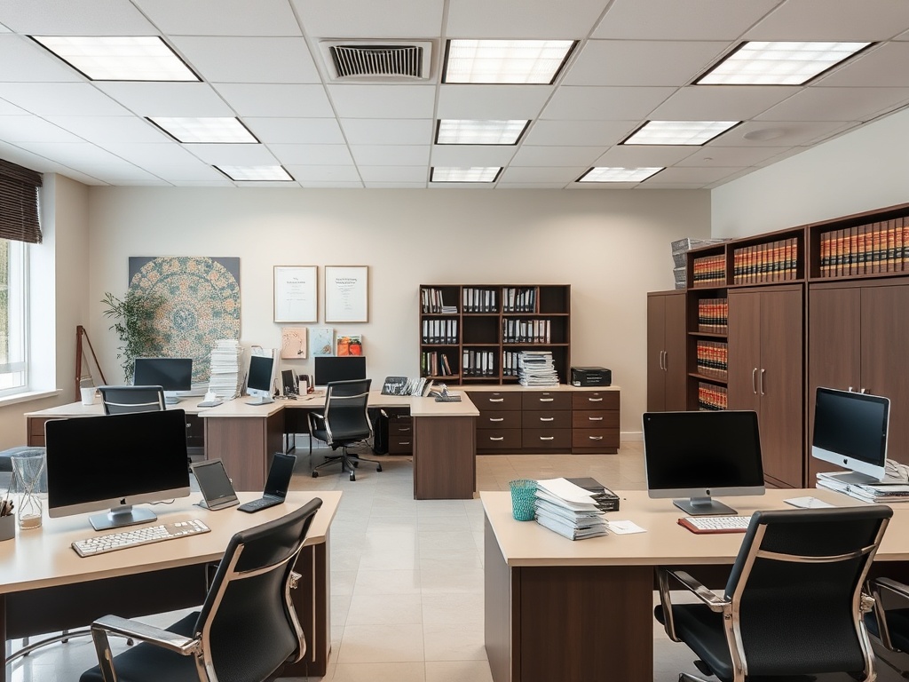 Clean, professional law office workspace with organized documents