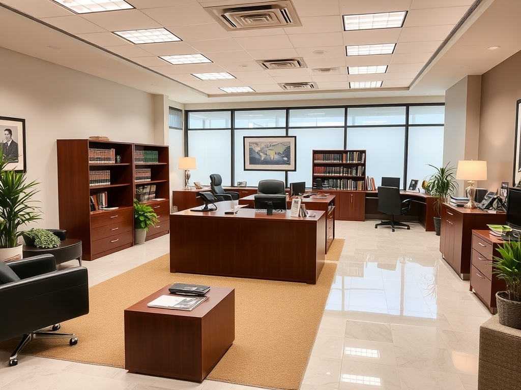 Clean, professional law office with organized workspace and polished surfaces