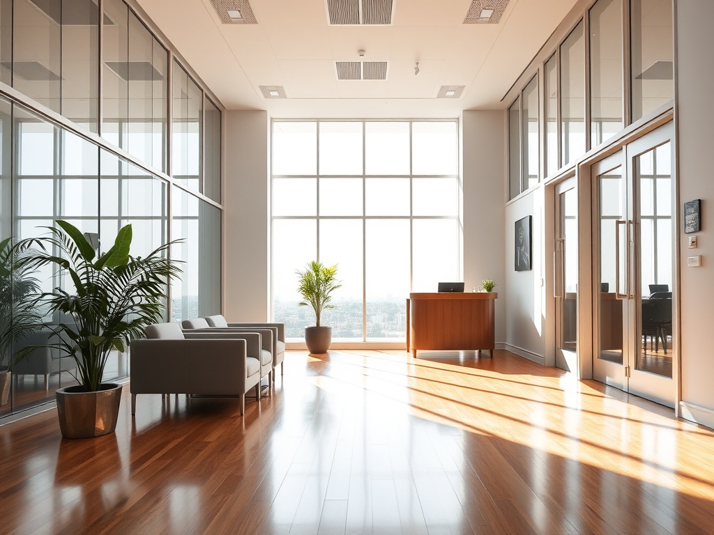 Modern office lobby with polished floors and professional design