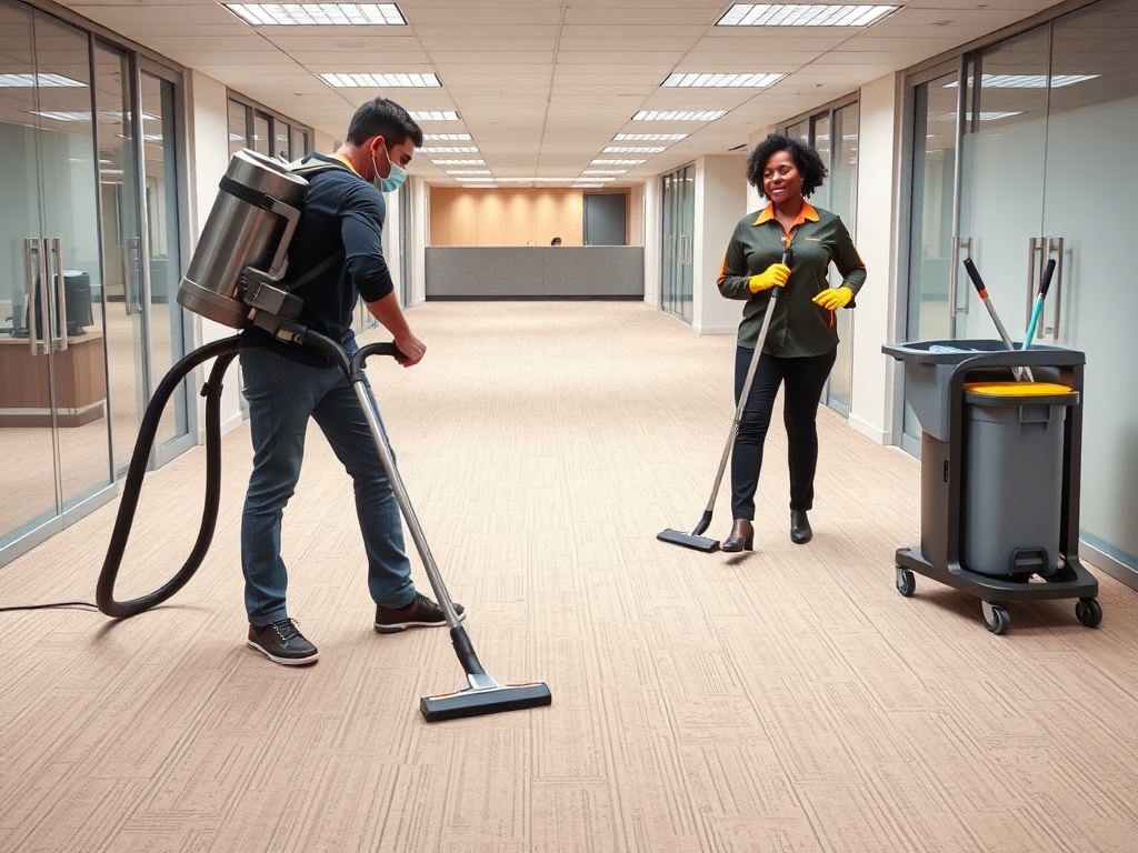 Diverse team of professional cleaners disinfecting and cleaning a modern medical, dental, law, or daycare office with precision and care