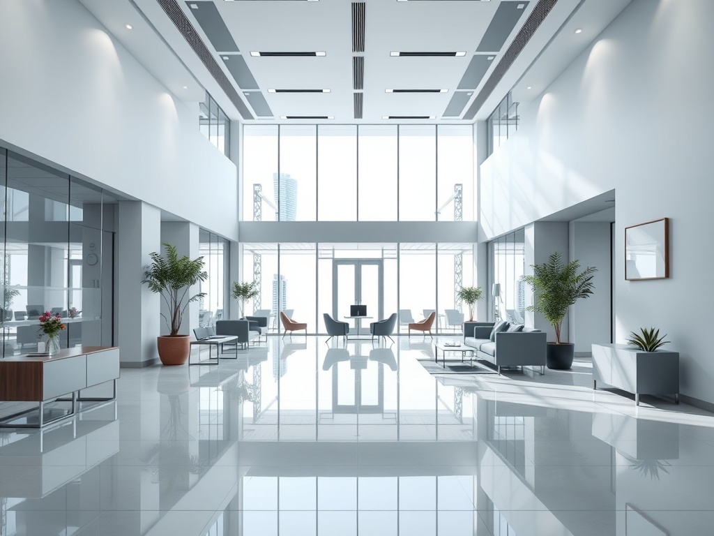 Professional office lobby with polished floors and modern design