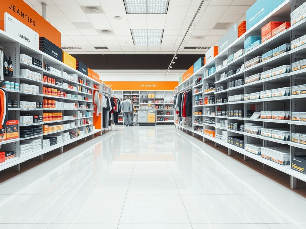 Clean retail store environment with organized displays and spotless floors