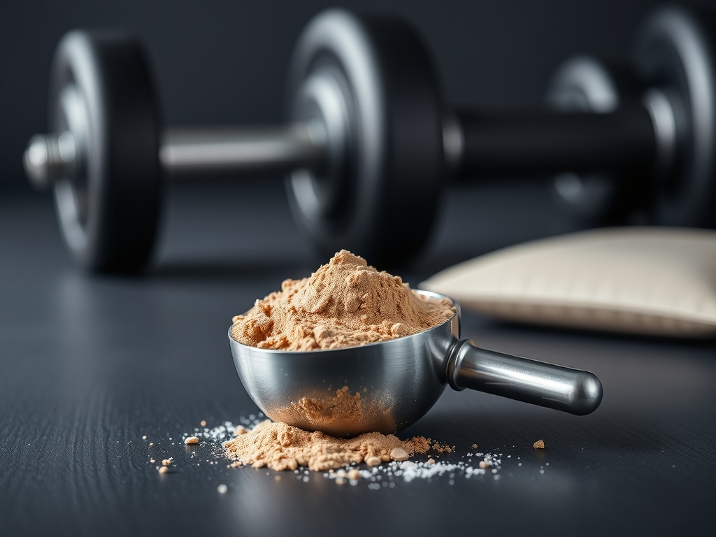 Whey protein powder with stainless steel scoop