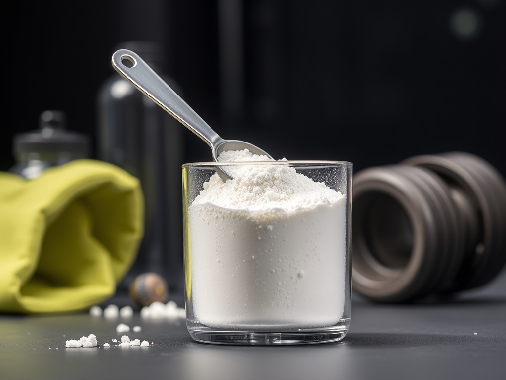 Creatine monohydrate powder in glass container